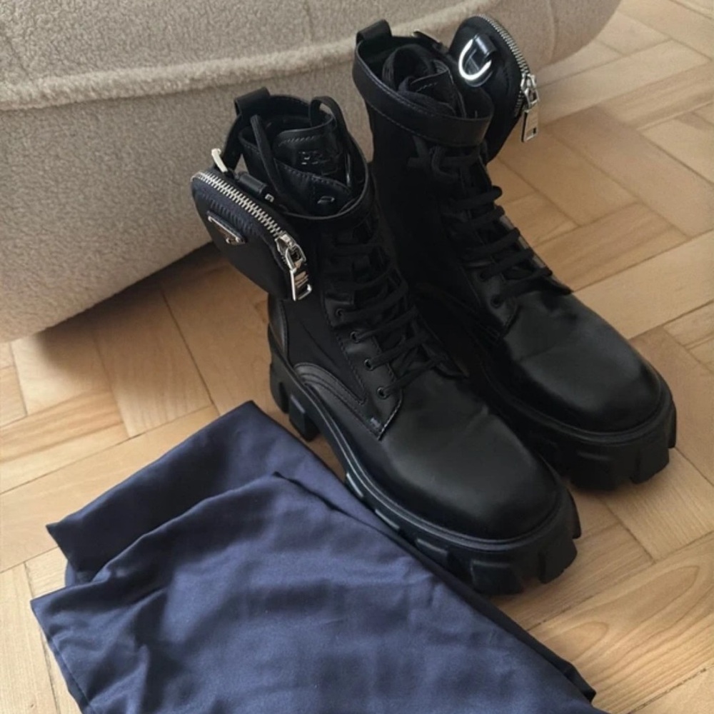 Prada Black Combat Boots with Silver Accents
